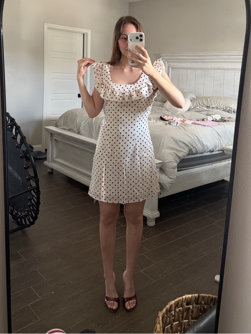 Cider White Mini Dress with Red Polka Dots & Ruffle Neck
